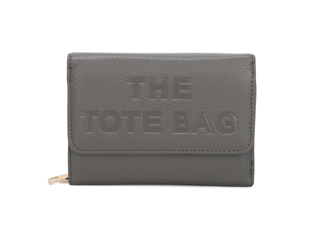 Grey purse with “ The tote bag” detailed and gold zip