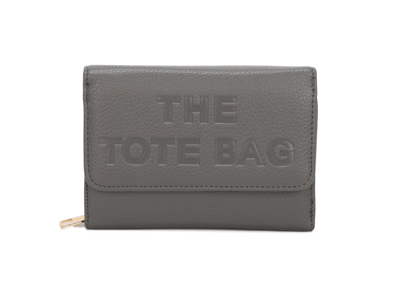 Grey purse with “ The tote bag” detailed and gold zip