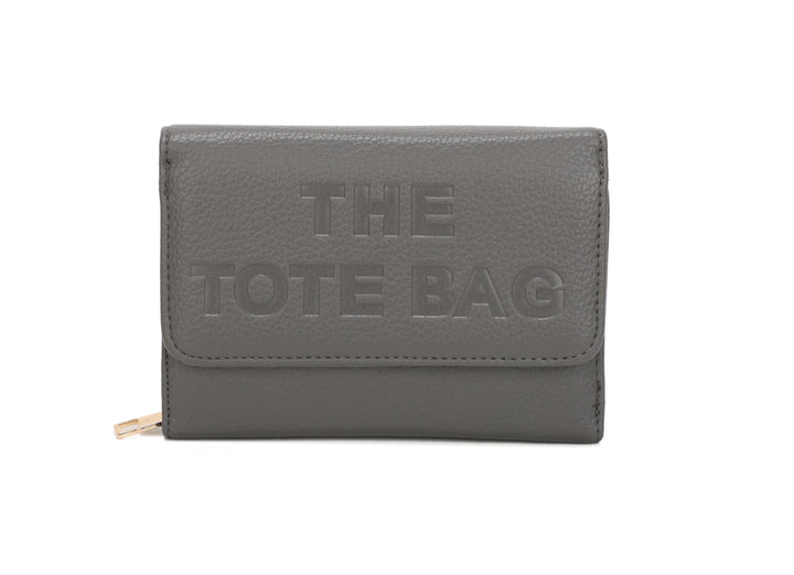 Grey purse with “ The tote bag” detailed and gold zip