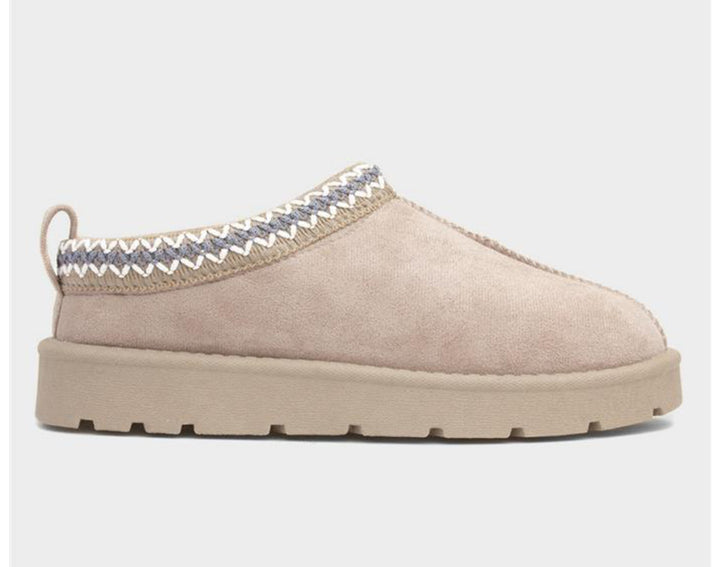 Beige suede slip-on mule slippers with thick sole and zigzag woven trim detail