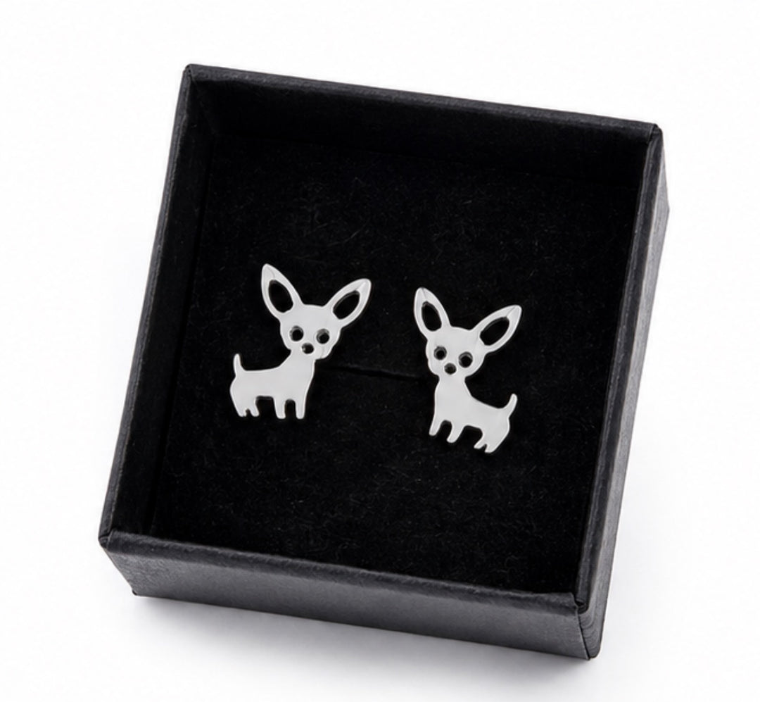 Silver Chihuahua dog stud earrings featuring a small polished dog silhouette with pointed ears.