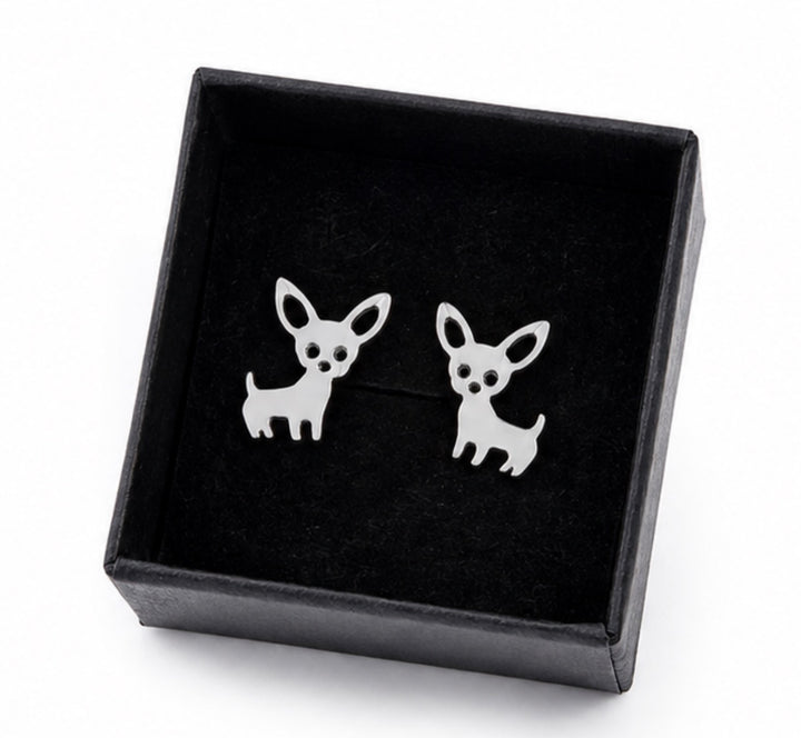 Silver Chihuahua dog stud earrings featuring a small polished dog silhouette with pointed ears.