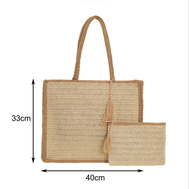 Woven Straw Beach Tote Bag with Matching Zip Pouch