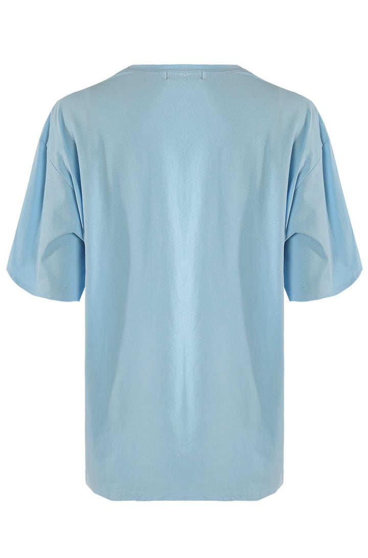     Back view of plain blue oversized t-shirt