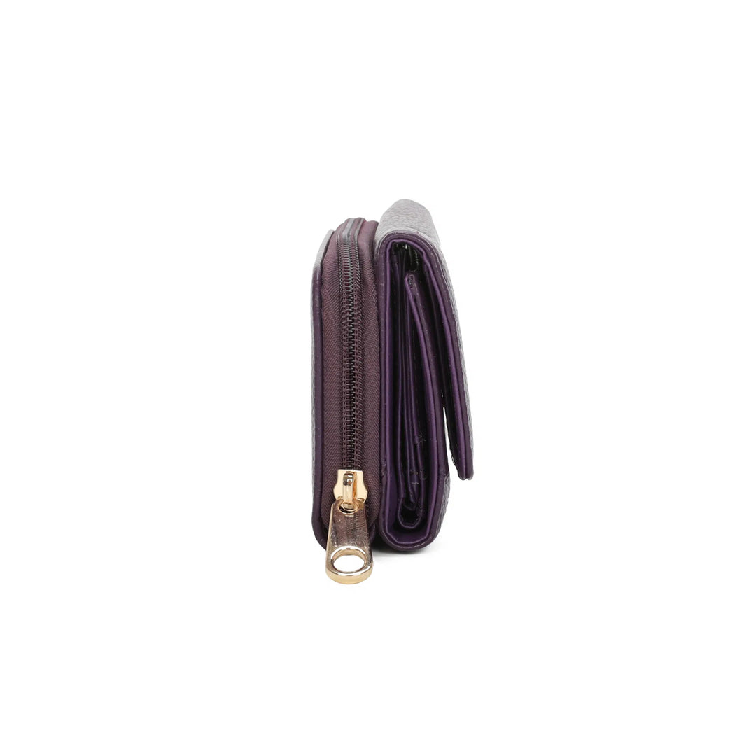 Purple faux leather purse with embossed ‘THE PURSE’ lettering and gold zip detail