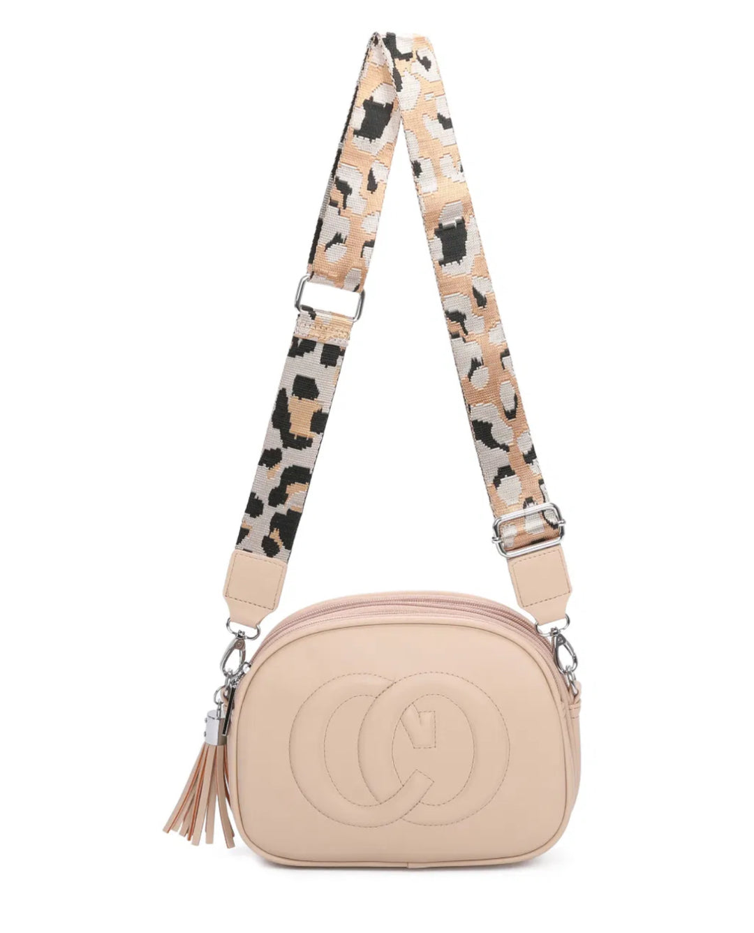 A animal patterned strap cross body bag with a detachable and adjustable strap, featuring multiple zipped compartments and golden tone metal hardware.
