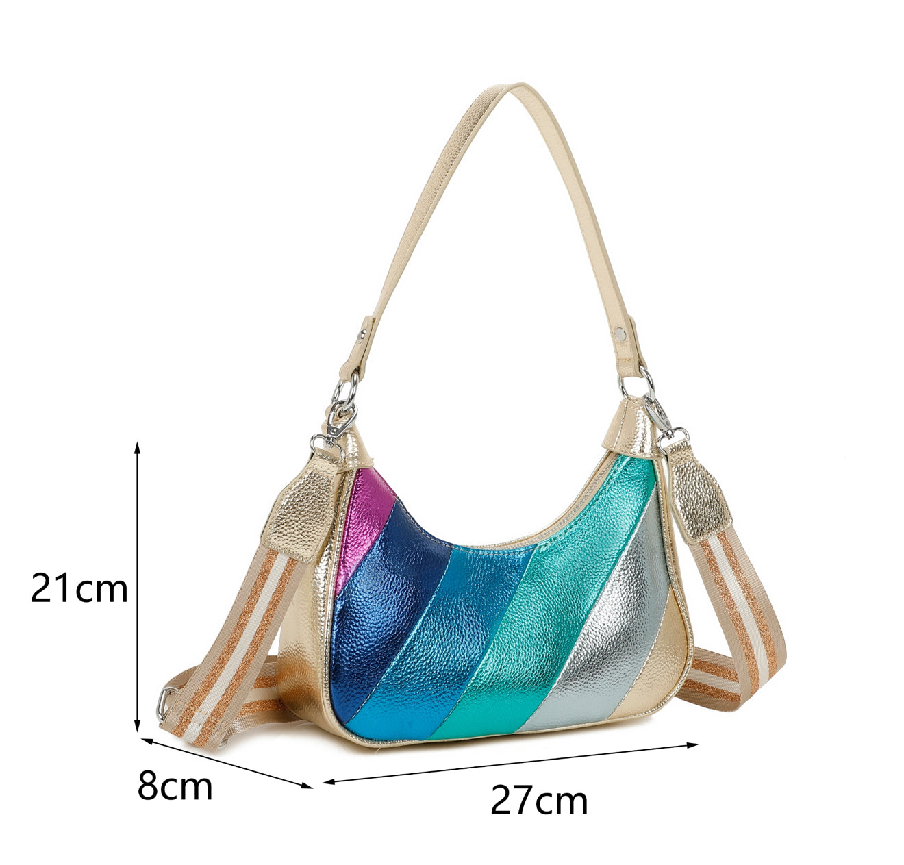 Multicolored handbag with measurements 