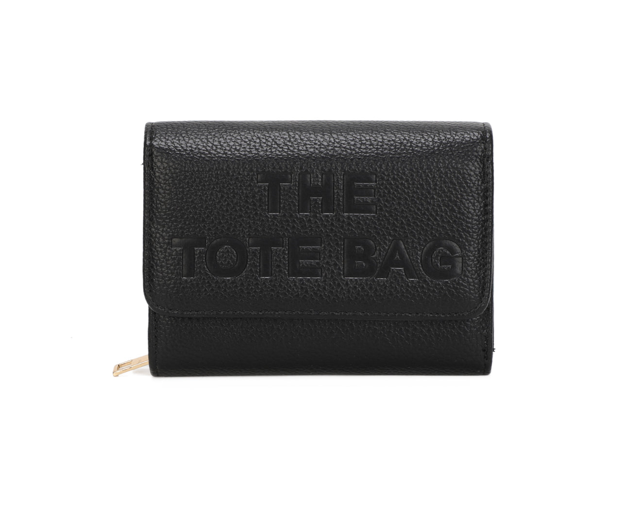 Black purse with “ The tote bag” detailed and gold zip