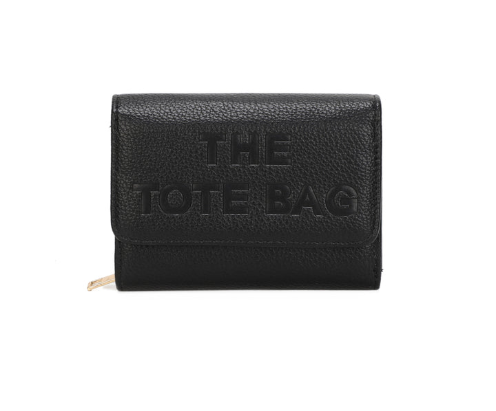 Black purse with “ The tote bag” detailed and gold zip