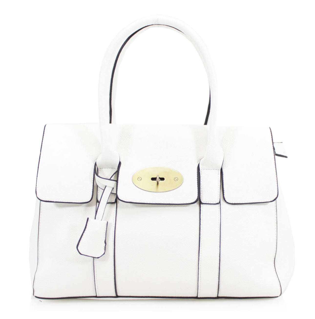 A classic white handbag with elegant gold detailing, featuring a flap with twist metal lock closure, twin shoulder straps, and golden tone metal hardware.