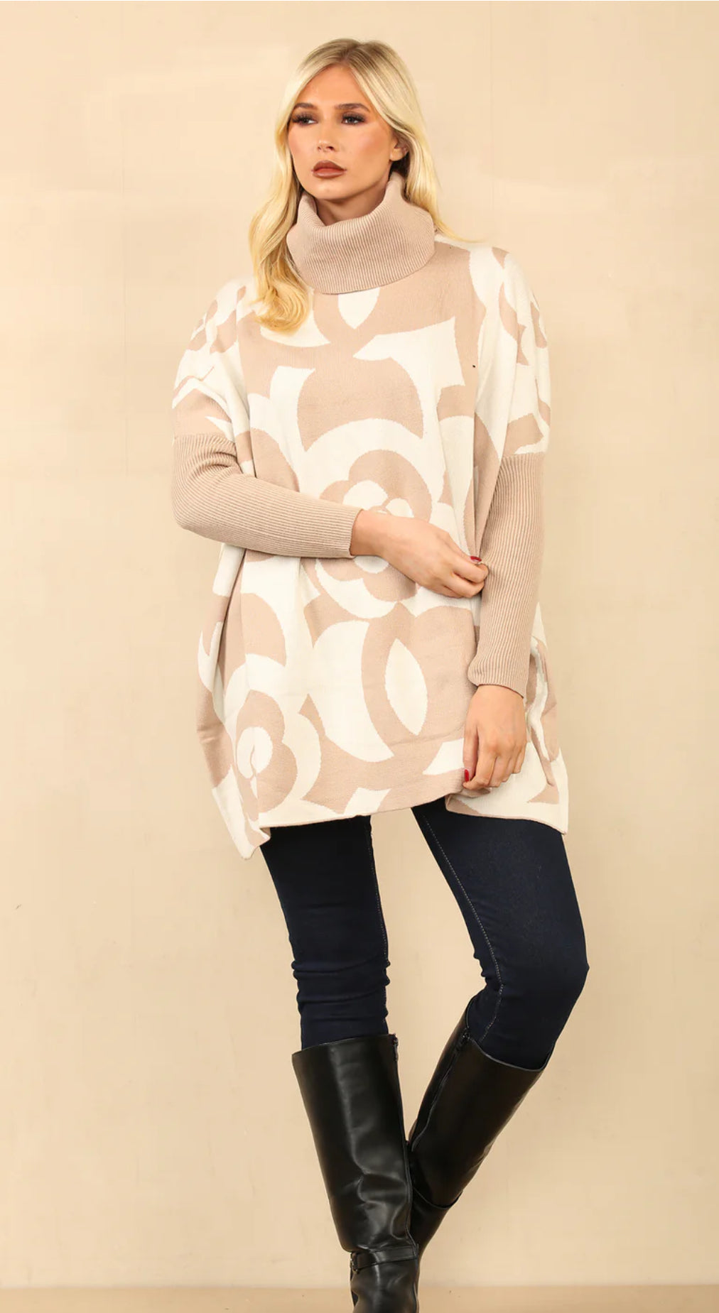 Flower printed roll neck oversized jumper