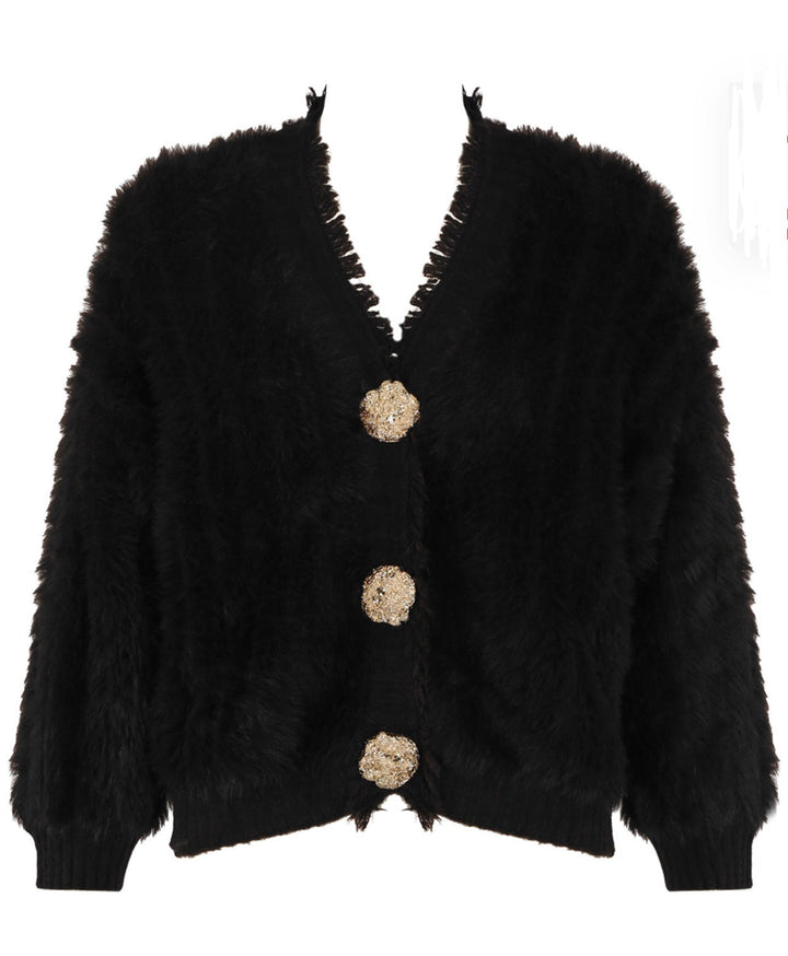 Black fluffy cardigan with gold buttons