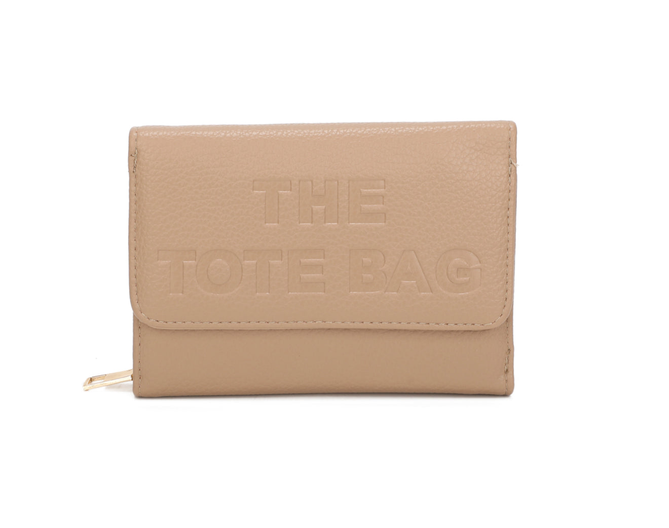 Beige purse with “ The tote bag” detailed and gold zip