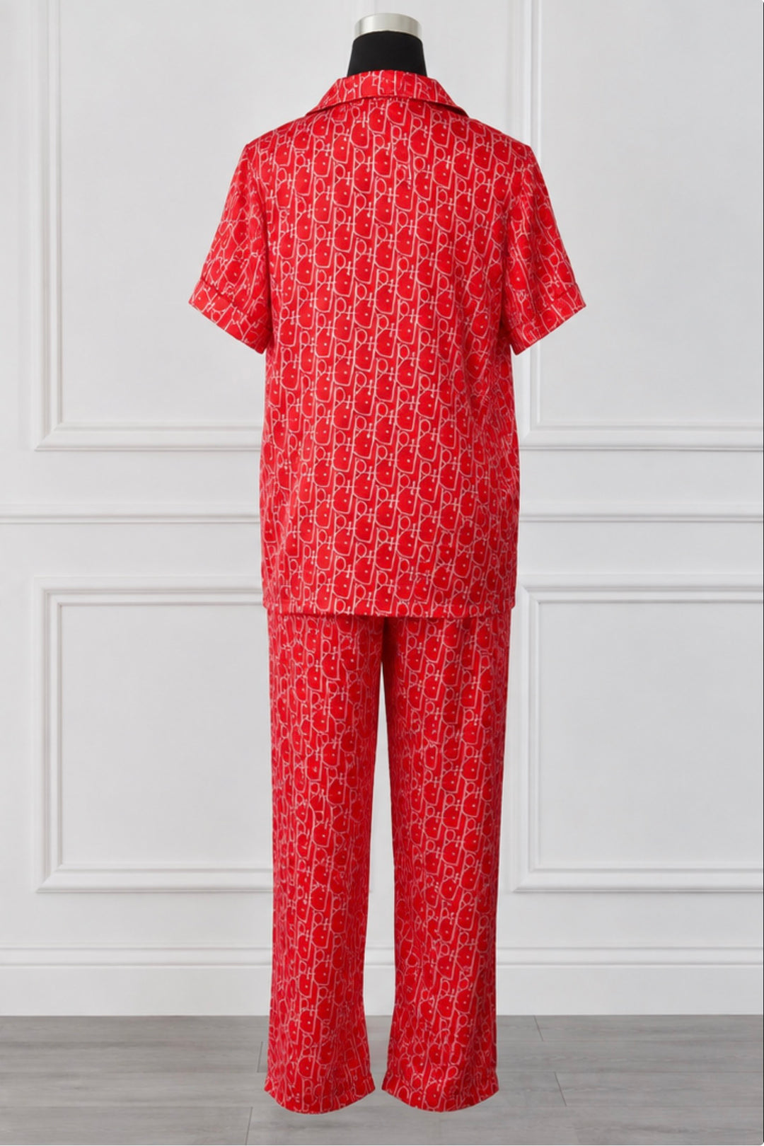 Luxury Red Monogram Satin Style Pyjama Set – Short Sleeve Button-Up &amp; Trousers