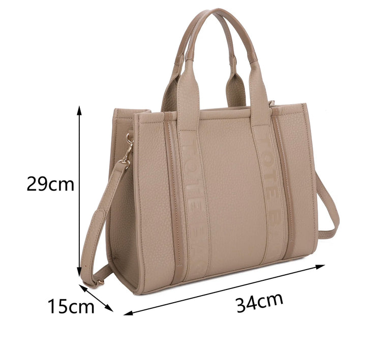 A large stripe print tote bag with double handles and a detachable adjustable long strap in beige 