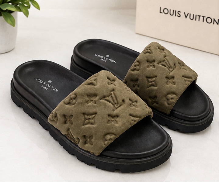 Khaki Padded Embossed Platform Sliders