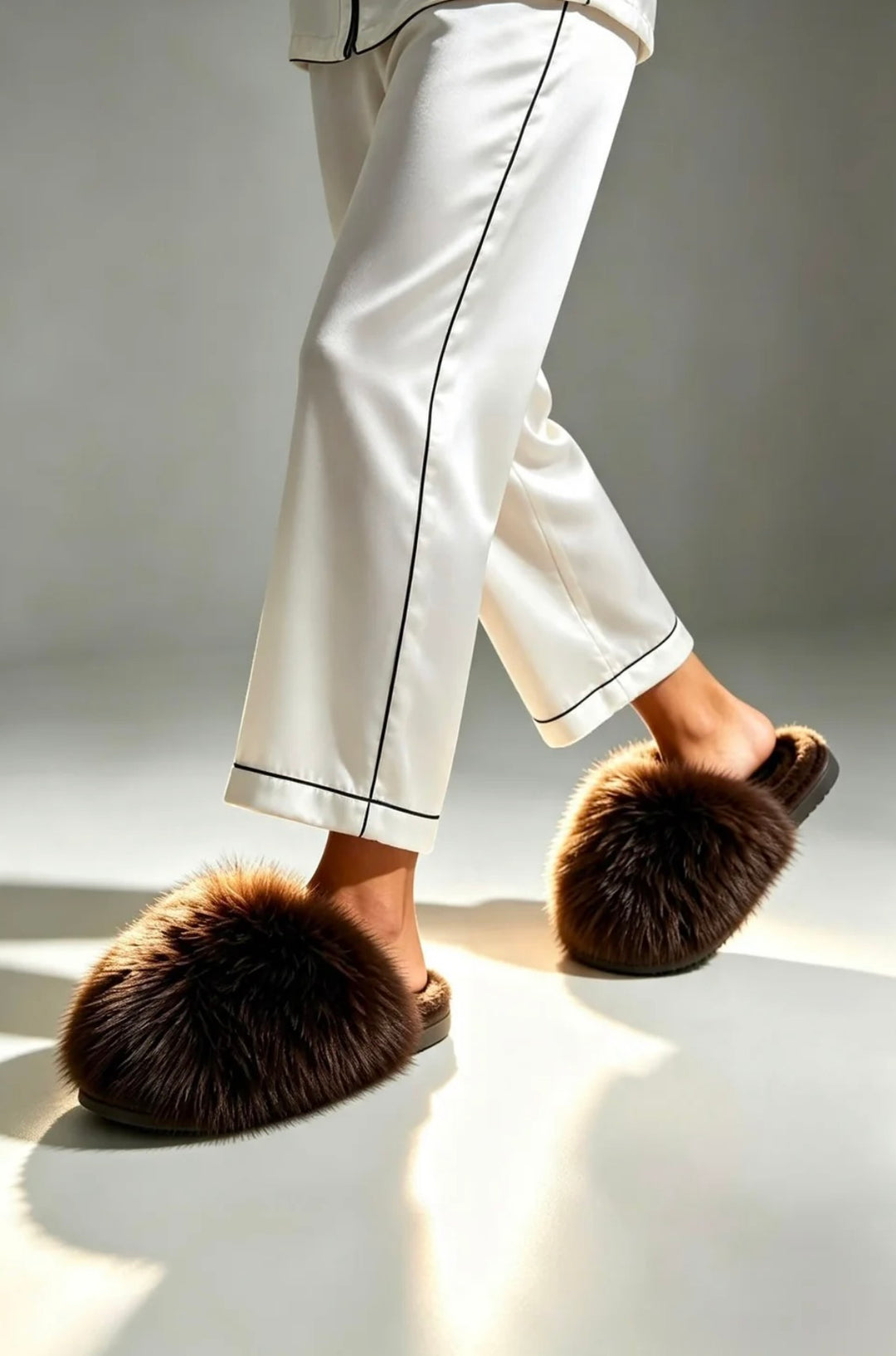 A person wearing white pajama pants with black piping and fluffy brown slippers, shown from the knees down in a studio setting with warm directional light.