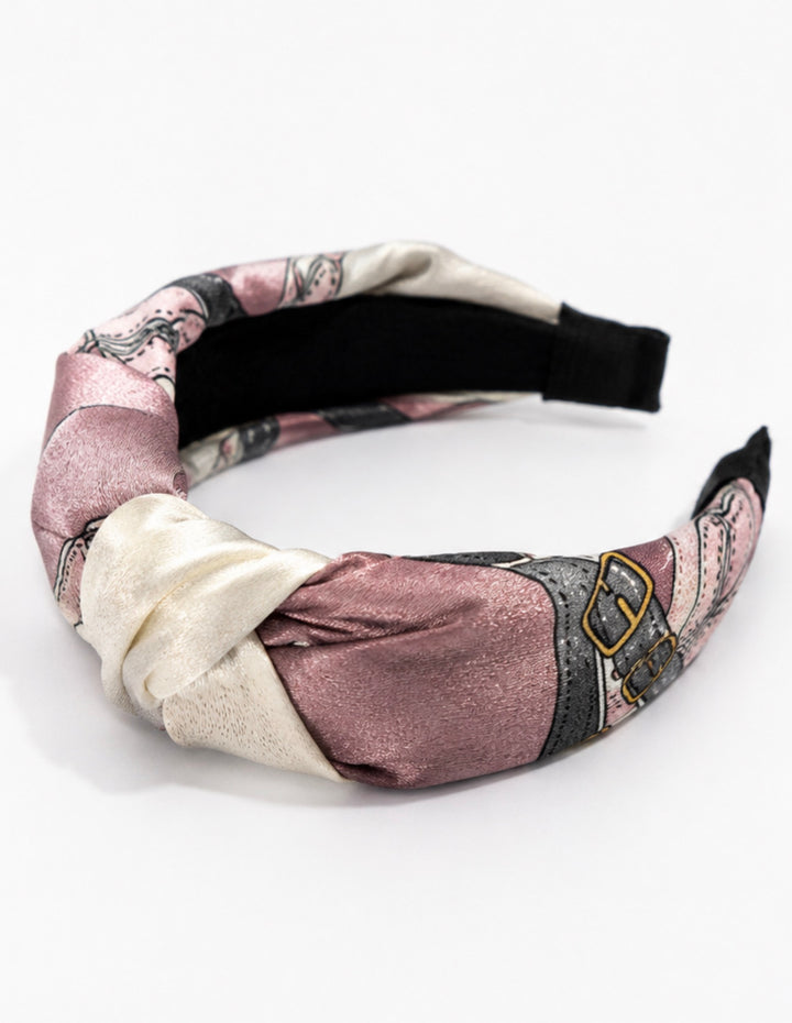 Pink satin printed knotted headband with cream, grey and black detailing