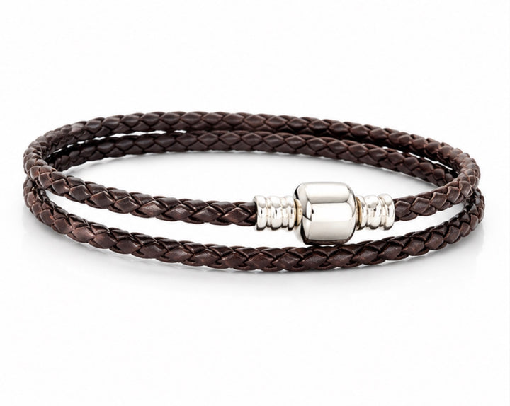 Dark brown braided double wrap bracelet with polished silver-tone barrel clasp