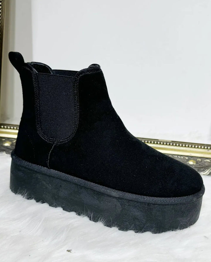 Black faux suede wedge ankle boots, women’s winter boots side view