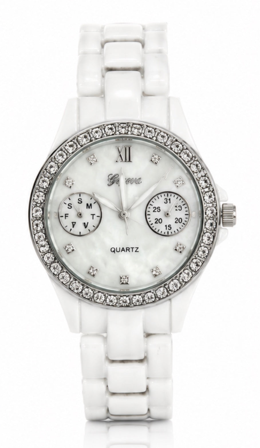 Elegant white bracelet watch with crystal bezel and mother-of-pearl dial displayed on a white background.