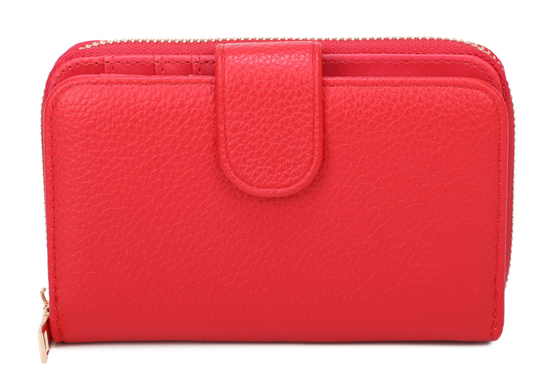 A red faux leather purse with a flap closure.