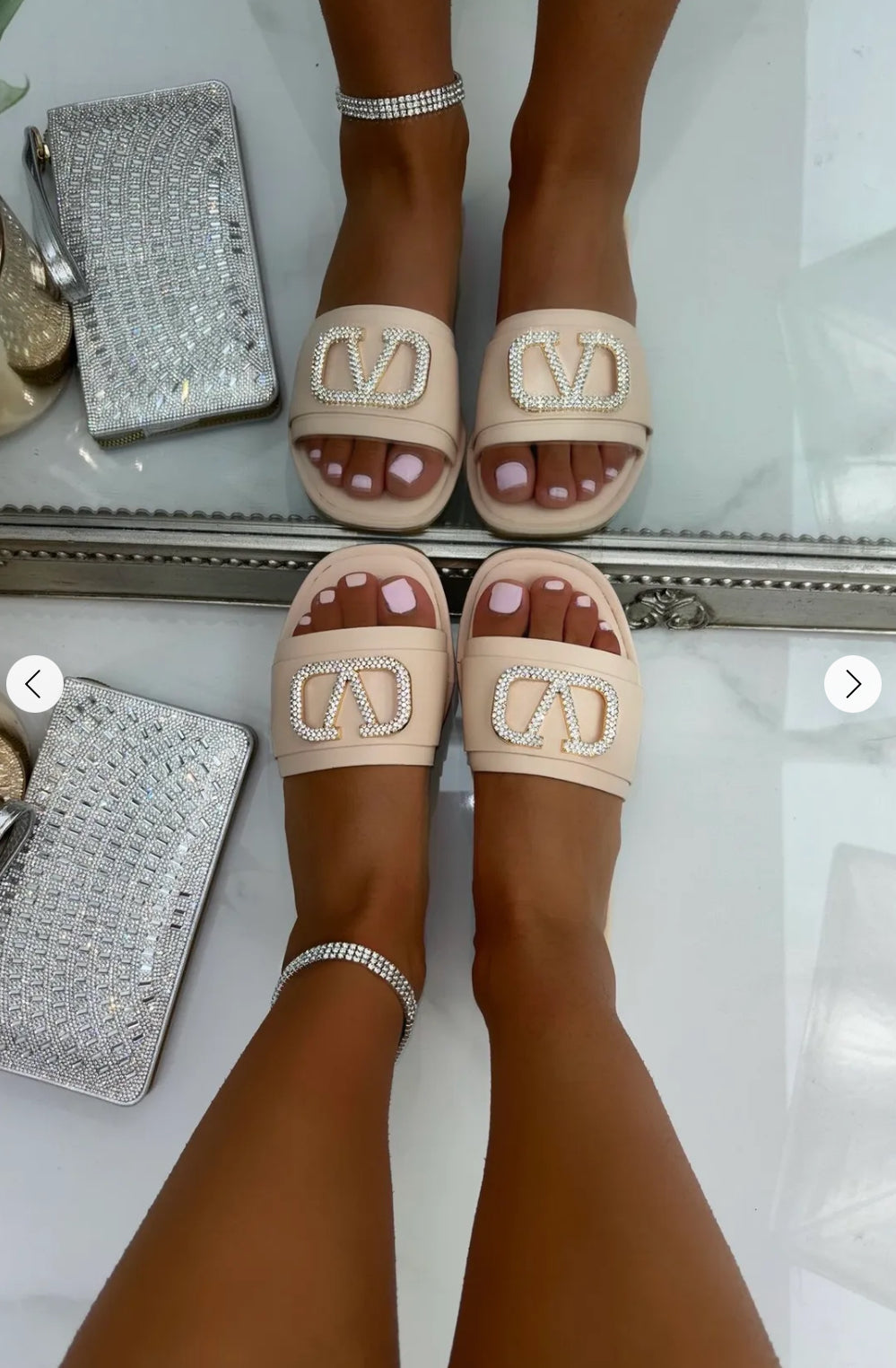 Beige slip-on shoe slider with silver rhinestone embellishment 