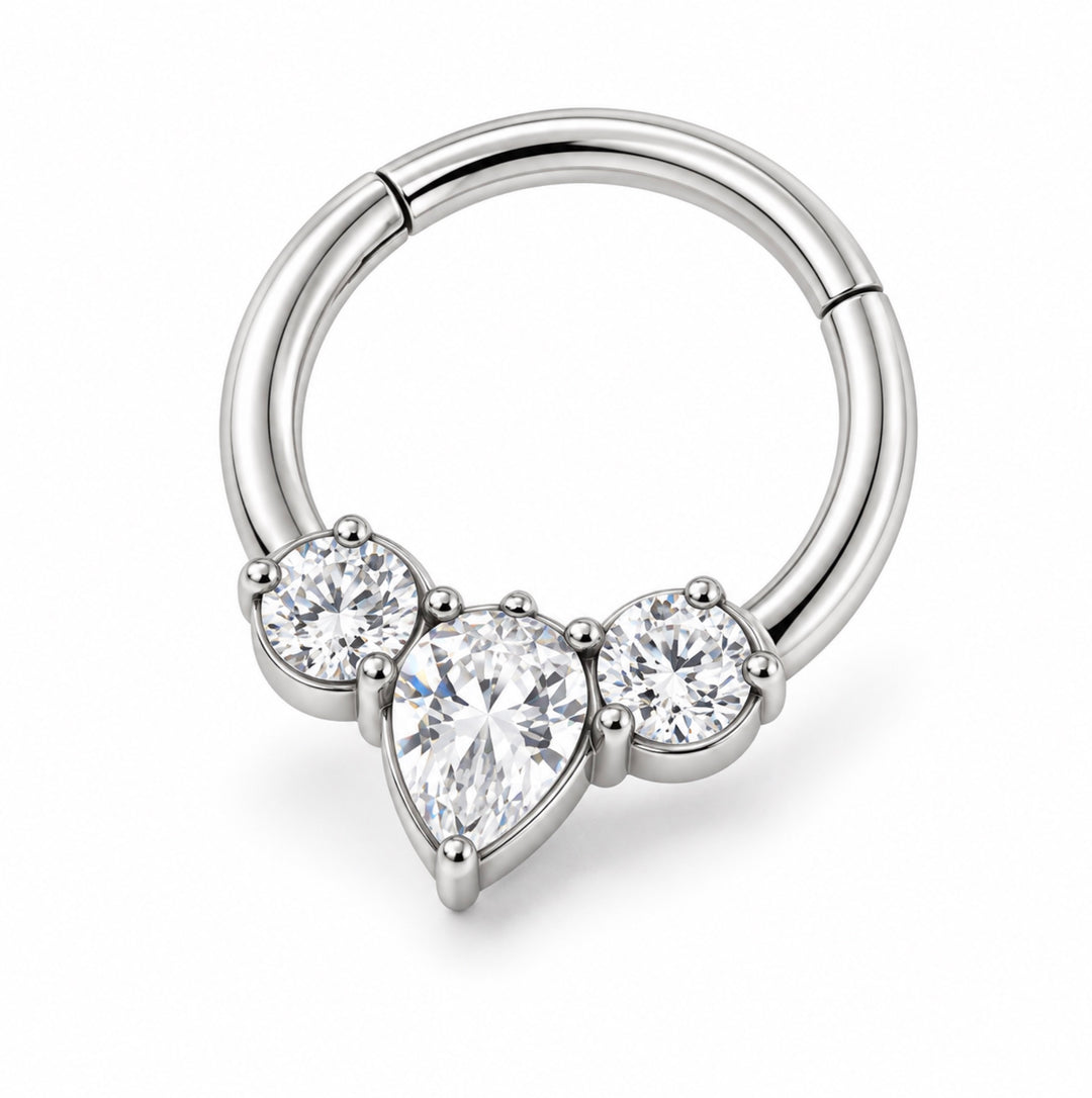 Steel 3 Gem Teardrop Hinged Micro Ring