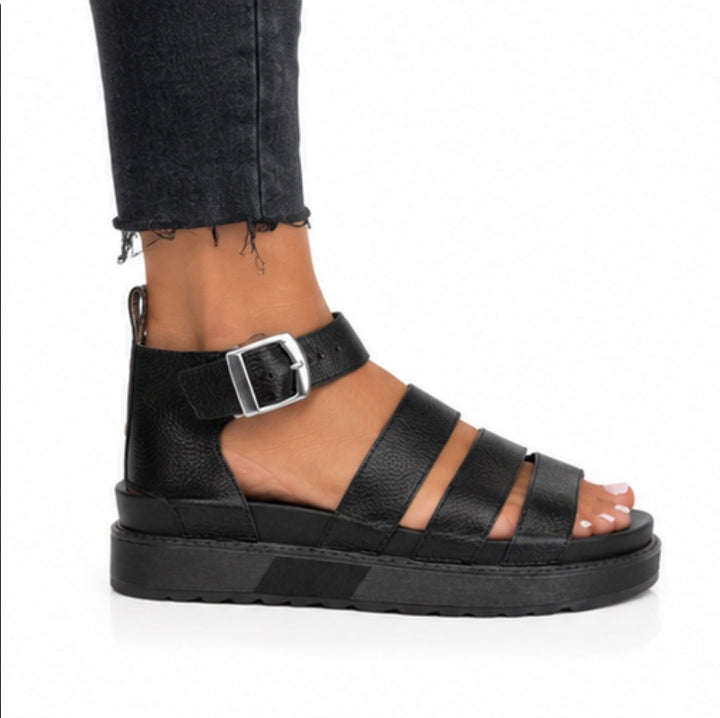 Black Gladiator Sandals – Faux Leather Strappy Summer Shoes