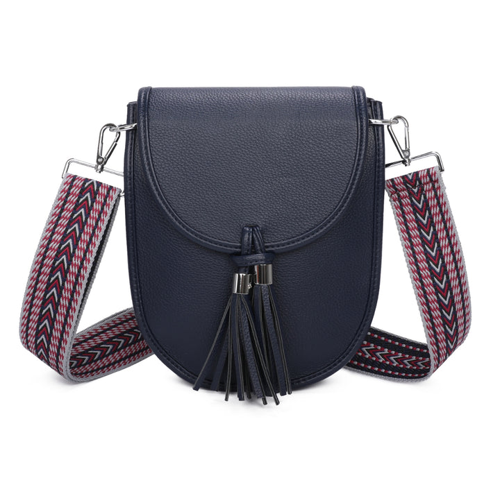 Navy crossbody bag with a patterned strap 