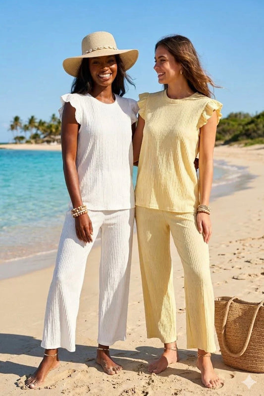     Women’s ribbed co-ord set with wide leg trousers and frill sleeves