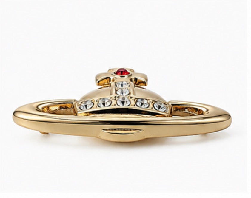 Gold Orb Crystal Brooch with Red Gem Detail