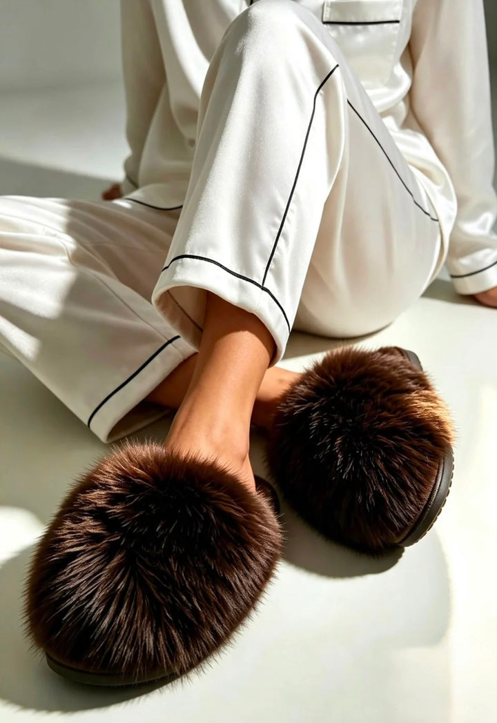 A person wearing white pajama pants with black piping sits on a white floor, showing a pair of fluffy brown slippers. The photo is taken in bright natural light with soft shadows.