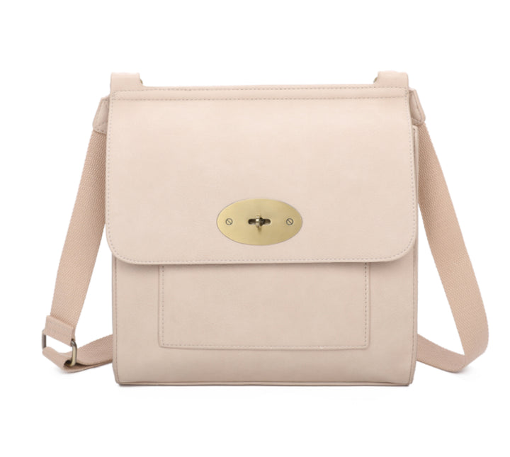 Beige satchel bag with gold hard wear detailing and a long strap 