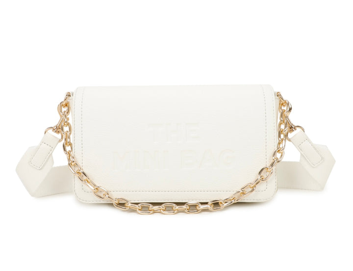 A white mini tote bag with a chain detail and the text &