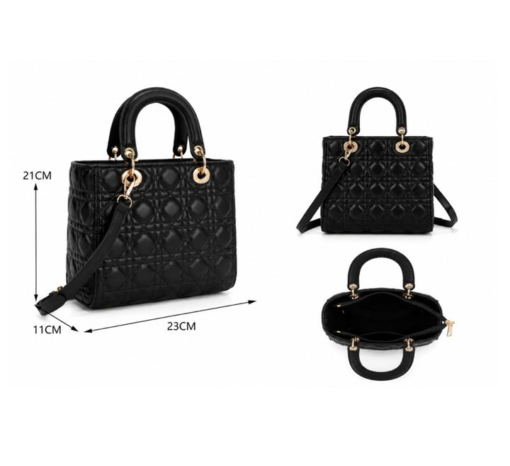 Black quilted top handle tote bag with detachable crossbody strap and gold-tone hardware.