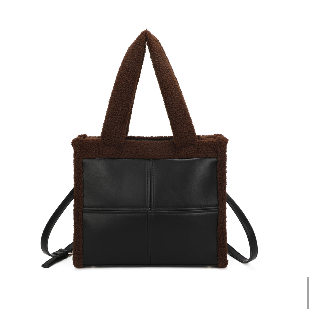 Black tote bag with brown textured fuzzy edging and a detachable adjustable long strap