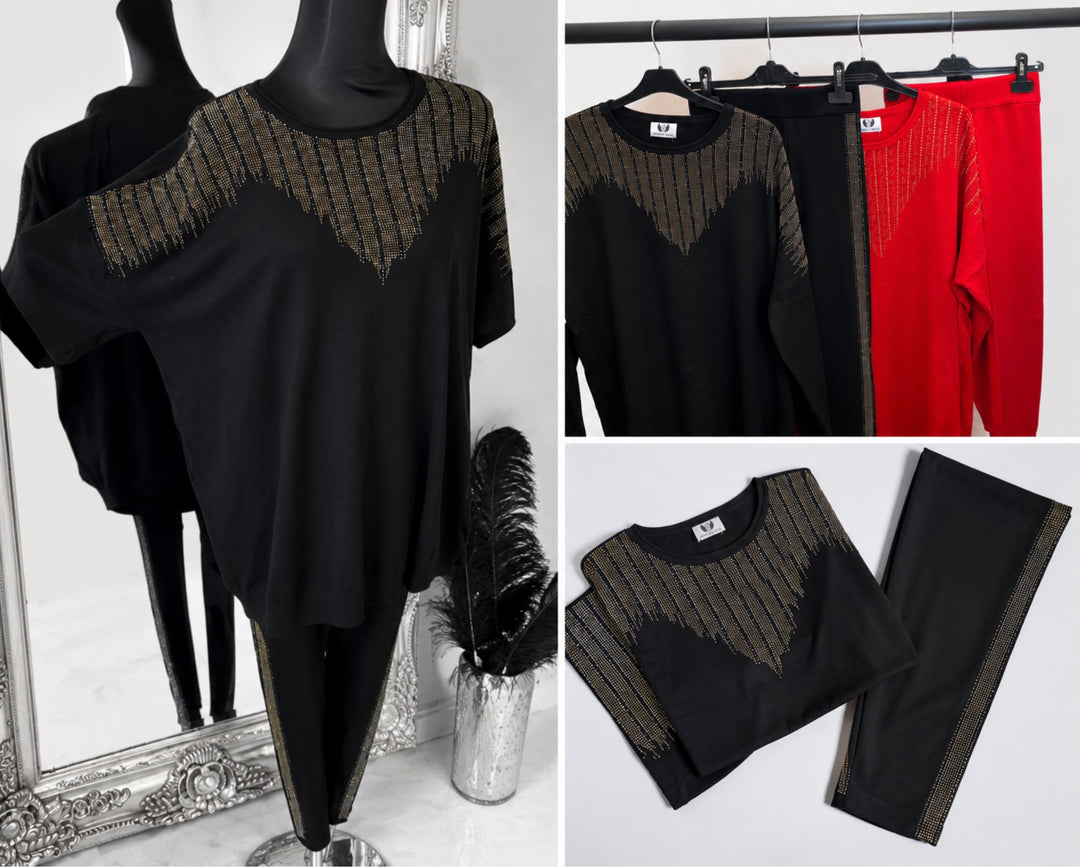 Women’s embellished two-piece lounge set featuring an oversized rhinestone detail top with matching leggings finished with sparkling side stripe detailing, available in red and black.