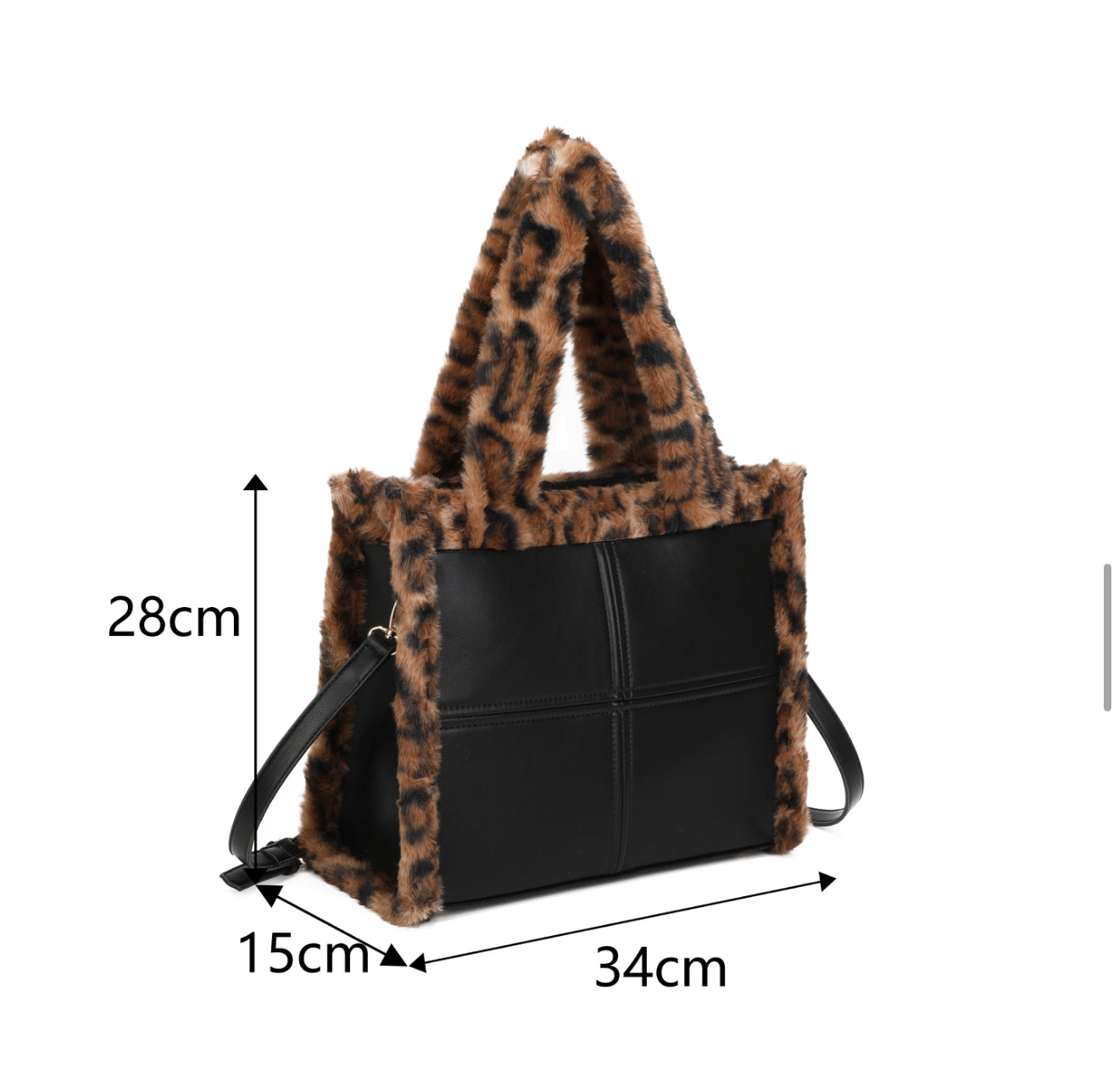 Black tote bag with brown leopard textured fuzzy edging and a detachable adjustable long strap