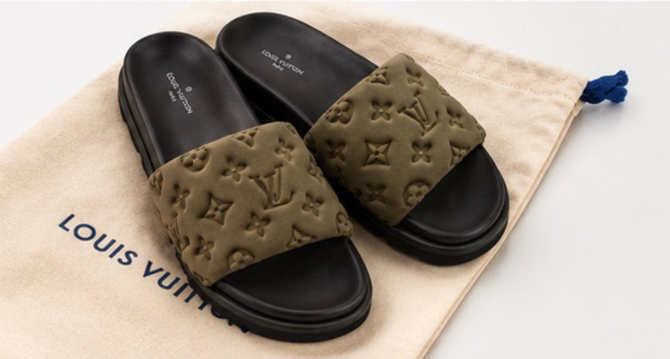 Khaki Padded Embossed Platform Sliders