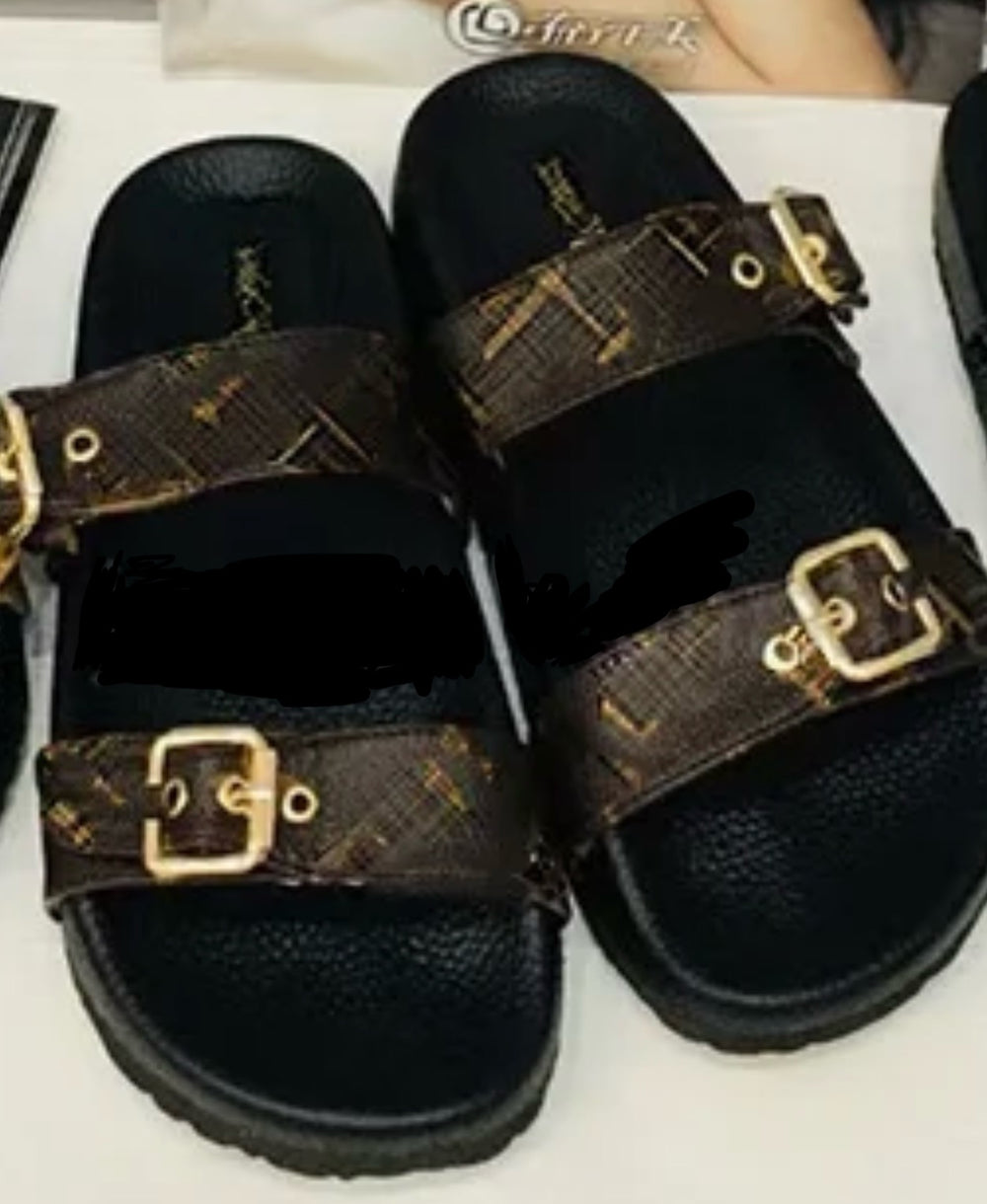 Brown flower pattern gold buckle sandals 