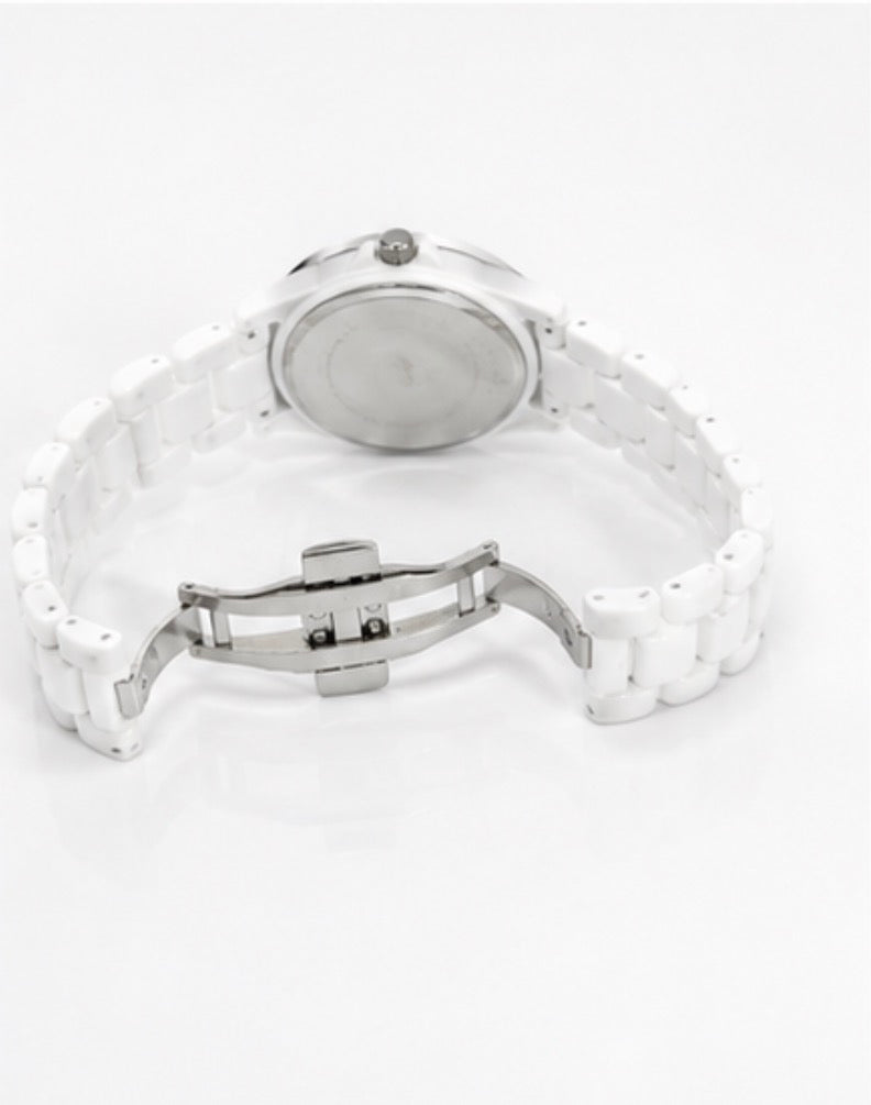 White Crystal Bezel Bracelet Watch – Elegant Women’s Quartz Watch