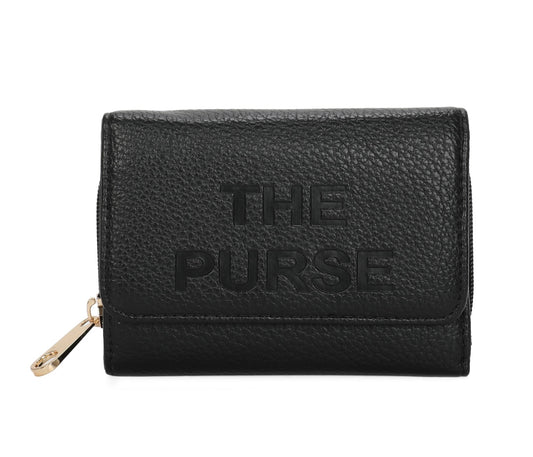 Black faux leather purse with embossed ‘THE PURSE’ lettering and gold zip detail