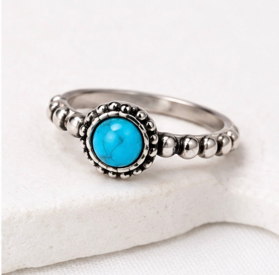 Silver Beaded Gemstone Ring – Assorted Colours
