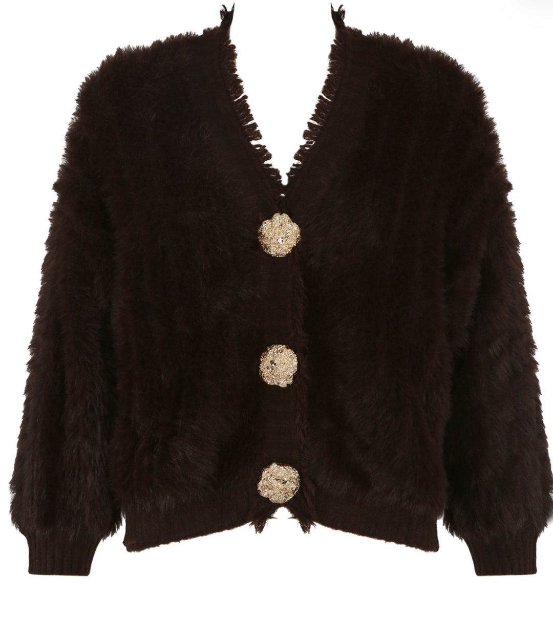 Brown fuzzy cardigan with decorative buttons