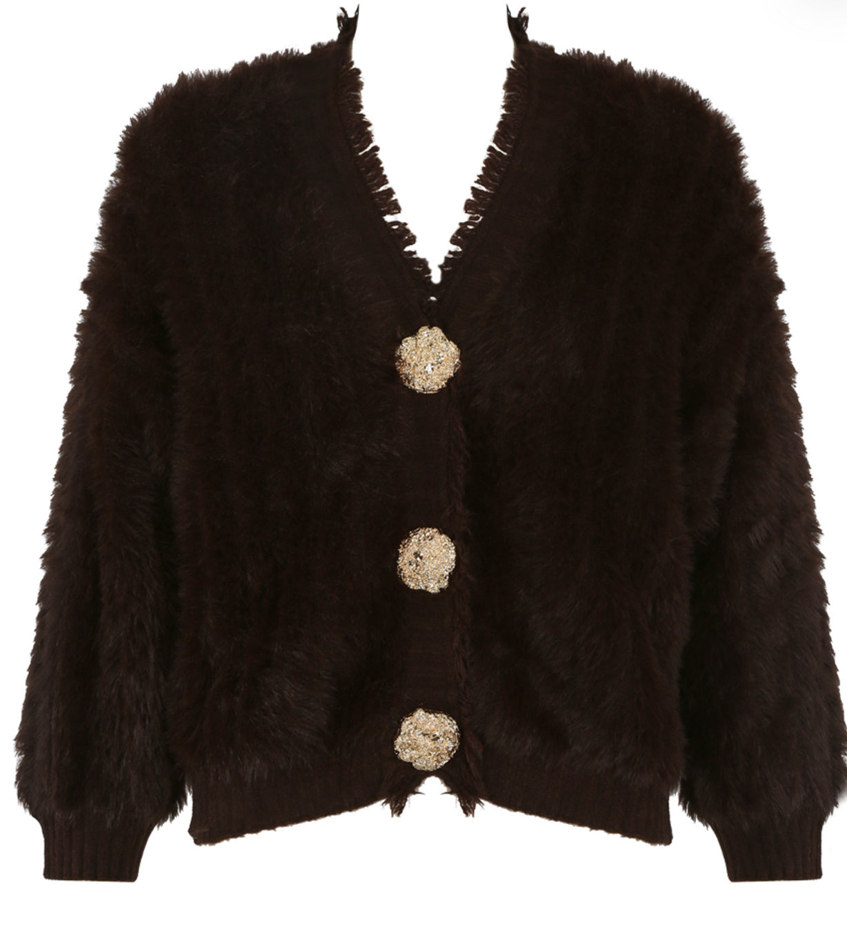 Brown fuzzy cardigan with decorative buttons