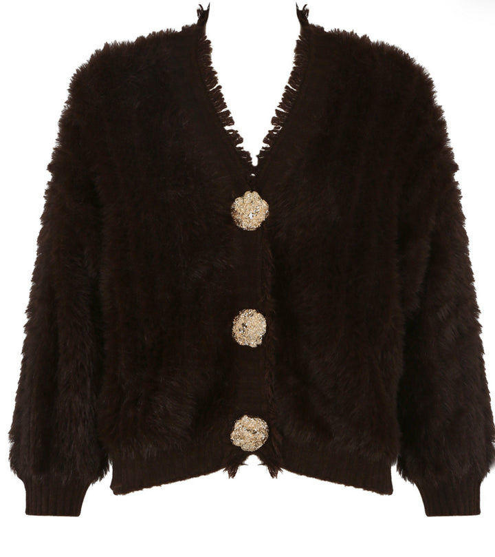 Brown fuzzy cardigan with decorative buttons