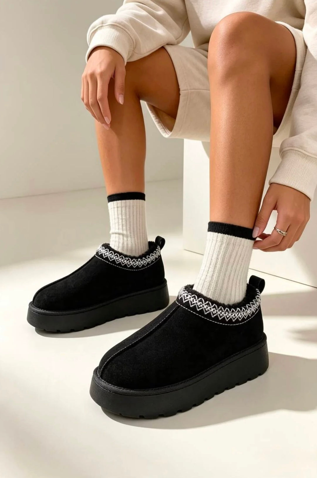 Black Aztec Faux Fur Platform Slipper Boots