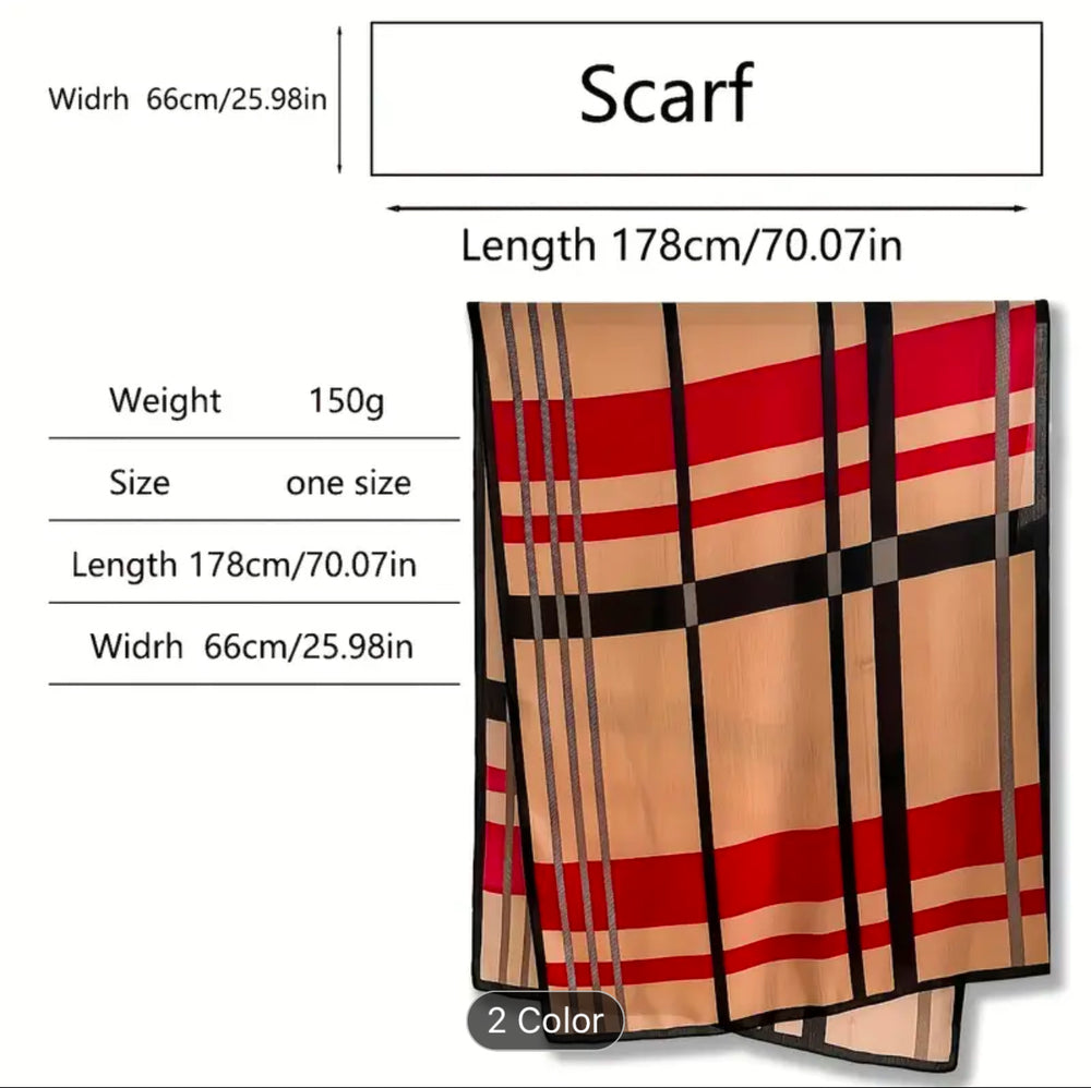 A beige scarf with red and black checked detail pattern 