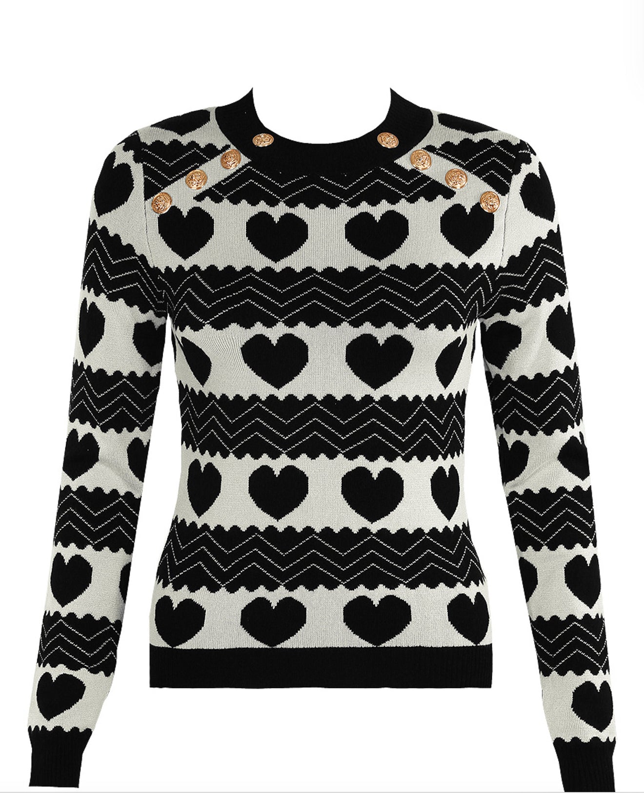Black and white patterned sweater with heart designs